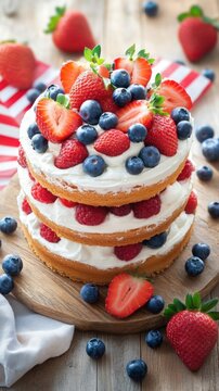 Layered red, white, and blue cake with fresh berries for Independence Day celebration Generative AI