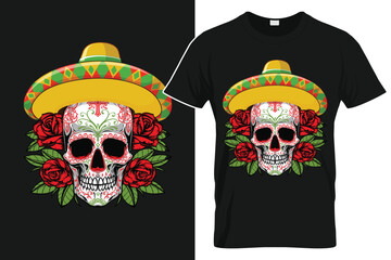 Dead Sugar Skull with Sombrero and Roses Cinco de Mayo Tshirt Design