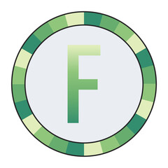 Light to Dark Green and Cream Circle Symbol with a Mid-Tone Green Capital Letter “F” on a Black Backdrop, enclosed in a black frame.