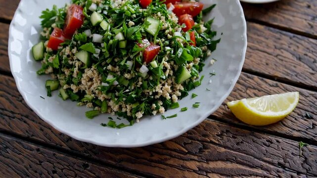 Vibrant mediterranean tabbouleh salad with fresh lemons on rustic wood table