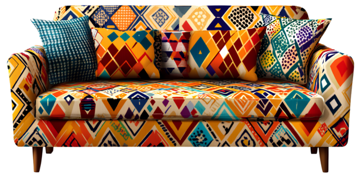  A sofa with colorful geometric patterns on the fabric, transparent background
