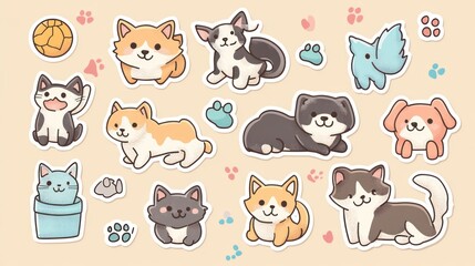 Obraz premium A sticker sheet with cute home animals, dogs and cats in pastel colors