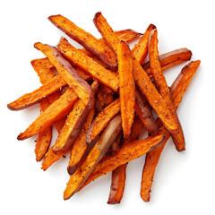 Golden and crispy sweet potato fries with a perfectly seasoned crunchy exterior soft sweet potato inside, isolated white background, modern art style