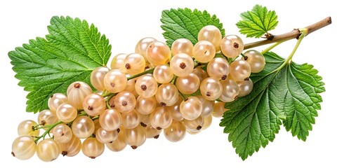 Obraz premium A branch of ripe white currants with vibrant green leaves isolated on white background showing juicy texture and natural details