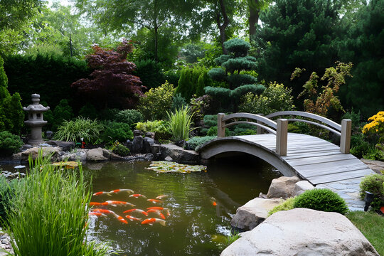 A serene japanese garden with a wooden bridge over a pond. - Powered by Adobe