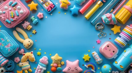 Obraz premium A colorful assortment of cute stationery and accessories arranged on a blue background.