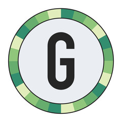 GRADIENT GREEN AND CREAM CIRCLE WITH PROMINENT OLIVE GREEN CAPITAL LETTER “G” IN THE CENTER ON A DARK BLACK BACKGROUND, enclosed in a black frame.