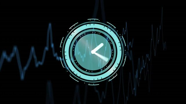 Futuristic clock animation over fluctuating line graph on dark background