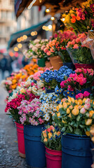 A vibrant display of colorful flowers in buckets at a bustling outdoor flower market showcases a beautiful array of roses, tulips, and daisies for sale to passersby.