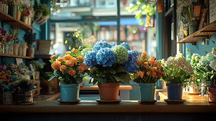 Vibrant hydrangeas and other colorful flowers arranged in terracotta and teal pots sit on a wooden counter inside a bright sunny flower shop window.