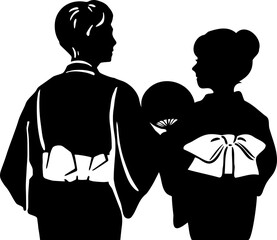 夏　浴衣　着物　男性　女性　花火大会　シルエット　手描き　和風　切絵　影絵　イラスト素材