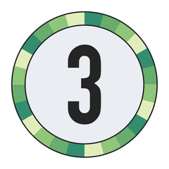 GRADIENT GREEN AND CREAM CIRCLE WITH PROMINENT OLIVE GREEN number “3” IN THE CENTER ON A DARK BLACK BACKGROUND, enclosed in a black frame.
