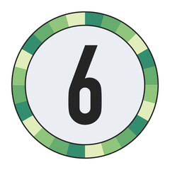 GRADIENT GREEN AND CREAM CIRCLE WITH PROMINENT OLIVE GREEN number “6” IN THE CENTER ON A DARK BLACK BACKGROUND, enclosed in a black frame.