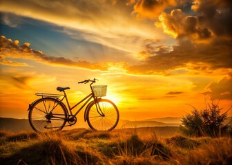 Naklejka premium Vintage Bicycle Silhouette Against a Breathtaking Sunset Over Rolling Hills A Retro Landscape Photography Masterpiece
