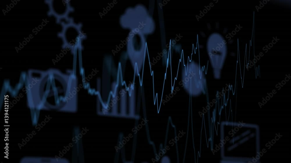 Poster animation of fluctuating graph lines with data analytics and technology icons