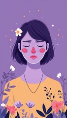 sad female purple plain illustration background flat vector art