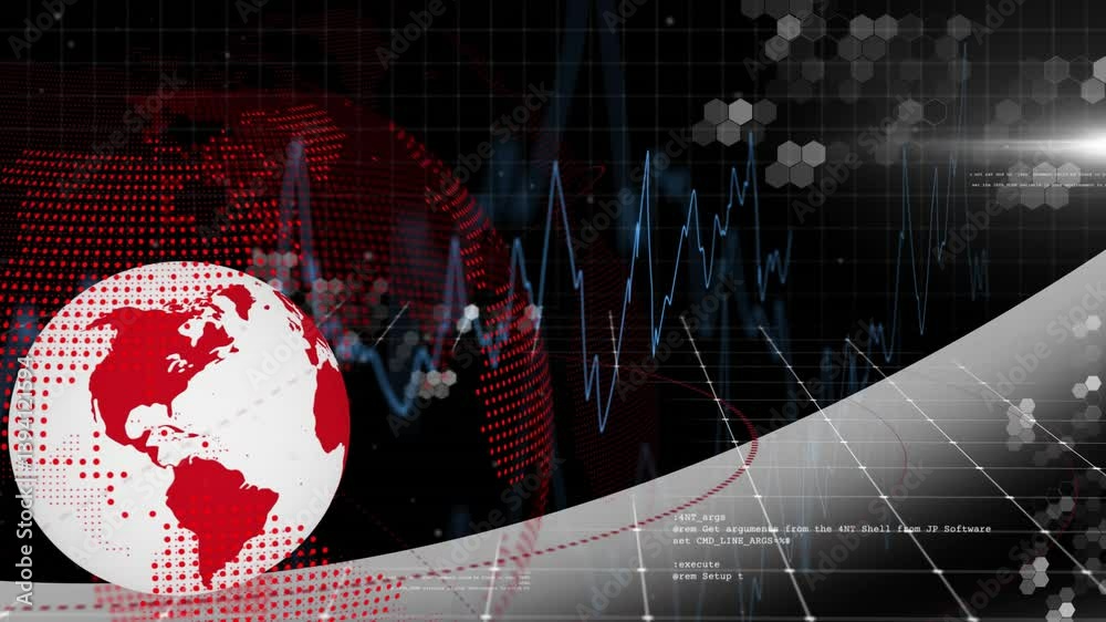 Poster animation of red globe with digital graphs and data processing on dark background