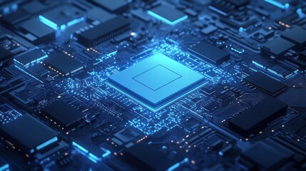 Abstract background with a light blue circuit board and chip