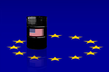 Crude oil barrel with US flag on a EU flag background. Crude oil prices. Tariffs, dutys, taxes and trade war