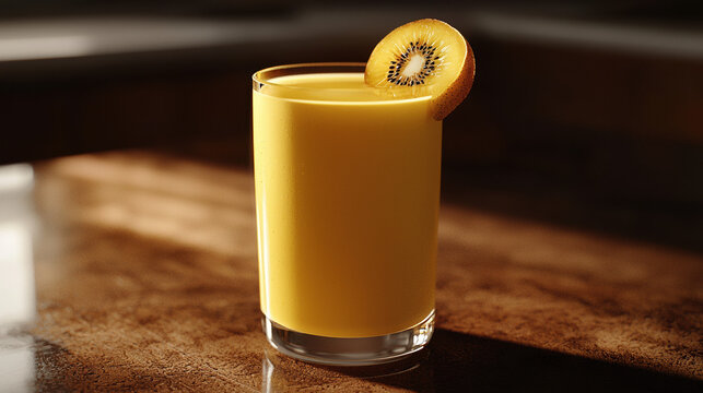 A refreshing glass of golden kiwi smoothie sits on a dark wood surface garnished with a thin kiwi slice in soft sunlight.