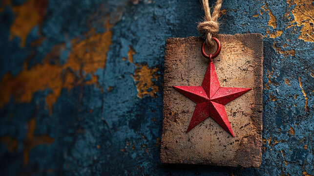 A rustic red metal star ornament hangs from a worn cork tag against a textured blue and gold background perfect for vintage holiday or Americana themed designs. - Powered by Adobe
