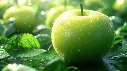 A vibrant green glistening with raindrops sits among lush leaves and other s in bright sunlight showcasing its freshness and natural beauty.