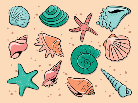 Colorful seashells and starfish illustration on a sandy background. Perfect for beach-themed designs, prints, and patterns. Vibrant hand-drawn marine elements for creative projects.