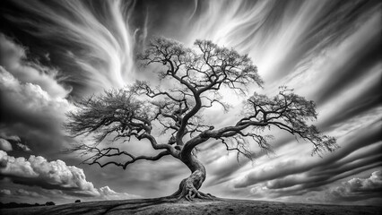 A Surreal Black and White Landscape Twisted Branches Reaching for an Ethereal Sky Capturing the Beauty of a