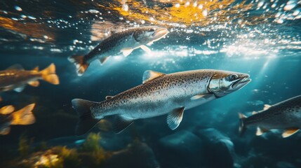 Naklejka premium Salmon swimming in underwater river