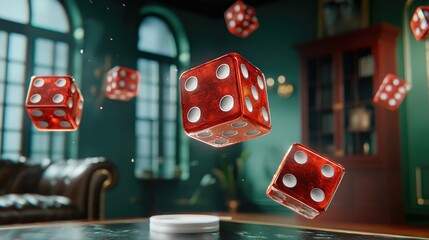 A close-up of floating red dice with intense lighting, symbolizing luck and uncertainty.