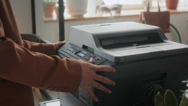 Close up view of unrecognizable female office worker placing paper on office printer, then closing lid and pressing button to scan document