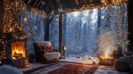 Cozy winter retreat: A cabin illuminated by lights and the warm glow of a fireplace