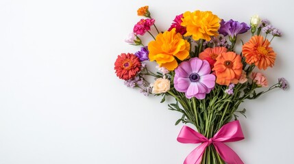 Obraz premium Festive Floral Bouquet Arrangement with Vibrant Orange Pink Yellow and Purple Blossoms on a White Background with a Pink Bow
