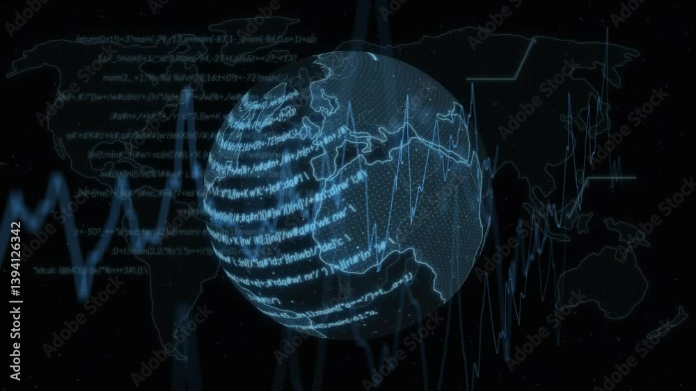 Poster animation of digital globe with data and graphs overlaying world map background