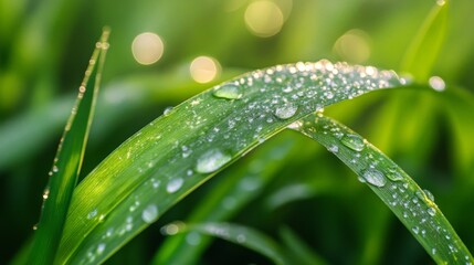 Close Up of Bright Green Grass Blades Covered with Glistening Dew Drops in Soft Sunlight