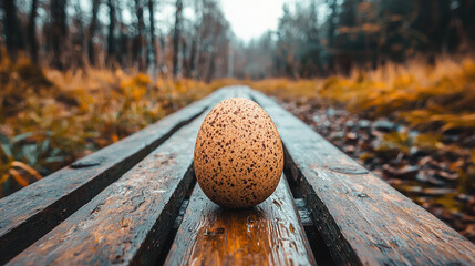 A speckled bird egg rests on a weathered wooden boardwalk in a tranquil autumnal forest setting with blurred background suggesting a serene natural environment.