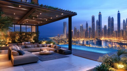 Fototapeta premium Luxurious rooftop terrace with a panoramic cityscape view at twilight