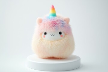 Adorable fluffy alpaca plush toy with a rainbow unicorn horn, a charming pastel-colored creature.