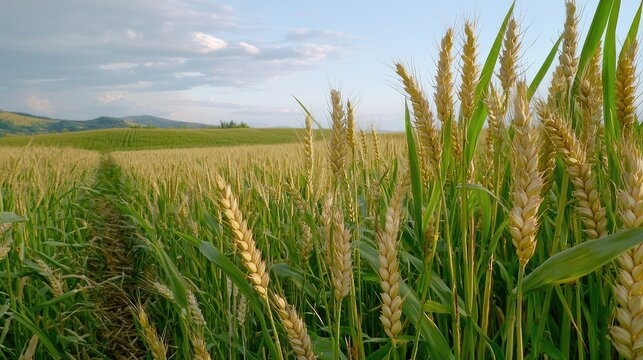 A golden-green wheat field at sunset, warm colors reflecting against the sky, peaceful nature view.