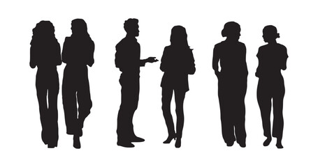 Group of Business people, men and women talking to each other, discussing work problems. Scene is serious and formal. Flat vector silhouette illustration isolated on transparent background