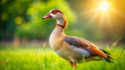 Obraz premium Intriguing CloseUp of an Egyptian Goose on Lush Grass A Surreal Artistic Capture Featuring Avian Detail and Natural