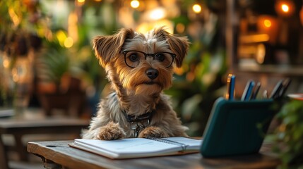 Cute Dog with Glasses Studying in Cozy Setting