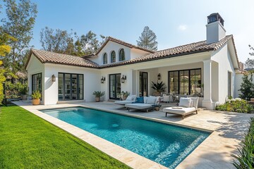 Beautiful single-story modern farmhouse home in La Jolla, San Diego, with white walls, shingle roof, green lawn, and pool area on a sunny day.