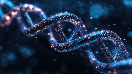 DNA double helix, glowing particles, dark background