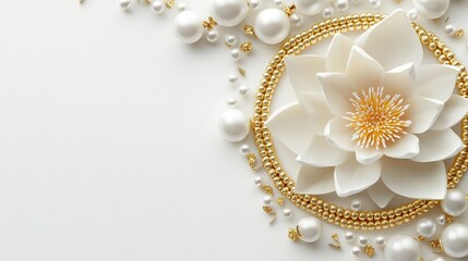 Fototapeta premium White lotus, gold beads, pearls on white background