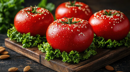 Four ripe red tomatoes sprinkled with sesame seeds rest on a dark wooden cutting board led on fresh green lettuce leaves with almonds nearby.