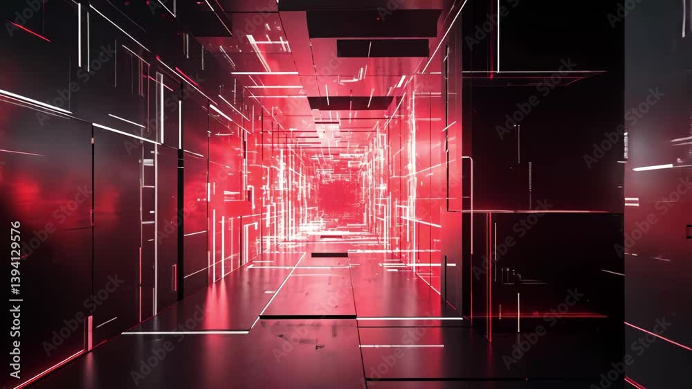 Poster dark sci fi floating block tunnel with vibrant energy and advanced technology, floating dark sci fi 