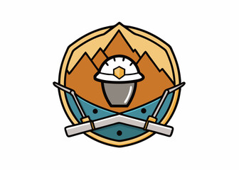 Mining icon element in modern flat line style. Bitcoin mining cartoon design. Simple badge, emblem, decoration minimalist logo, Icon, element.