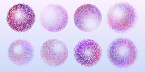 Colorful dotted spheres set - pink and purple particles arranged in circle shapes. Detailed grainy texture, smooth gradients. Stipple shading dotwork technique with realistic 3D lighting effect.