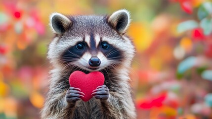 Obraz premium Cute Raccoon Holding Red Heart Shape Decoration in Forest with Blurred Colorful Background